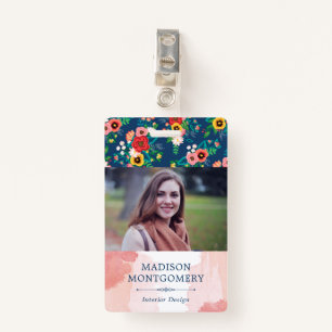 Boho Floral Pattern & Blush Pink Watercolor Photo ID Badge
