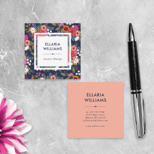 Boho Floral Pattern - Coral & Navy Blue Square Business Card