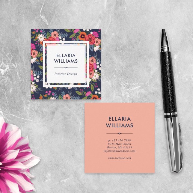 Boho Floral Pattern - Coral & Navy Blue Square Business Card (Creator Uploaded)