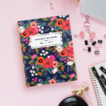 Boho Floral Pattern - Navy Blue & Coral - Name Planner<br><div class="desc">Spiral planner printed with a colourful floral pattern of hand-drawn flowers in orange,  coral red,  hot pink,  and white,  like pansies,  daisies,  and roses. Add your name and the year to the cover.</div>