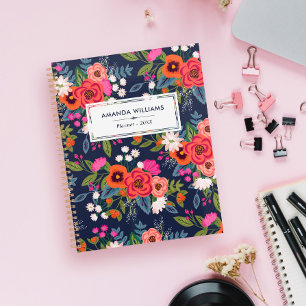 Boho Floral Pattern - Navy Blue & Coral - Name Planner