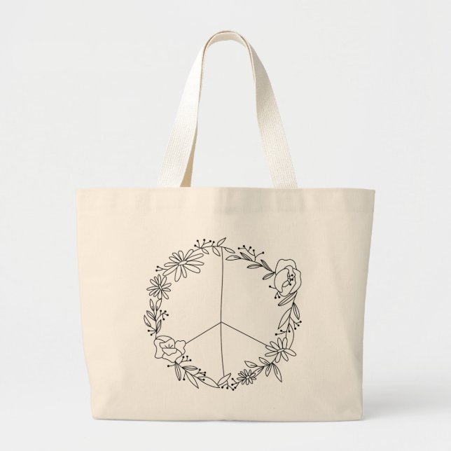 Boho Floral Peace Sign Large Tote Bag (Front)