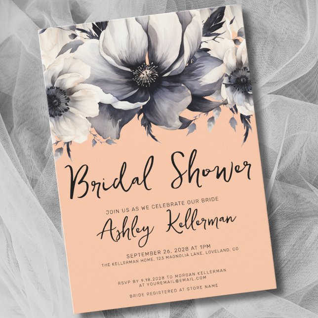 Boho Floral Peach Bridal Shower Invitation (Chic Watercolor Elegant Floral Peach Bridal Shower Invitation)