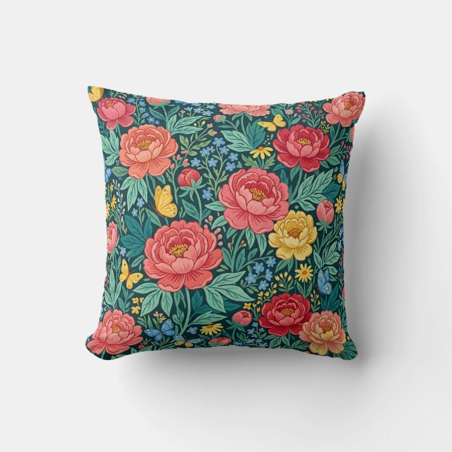 Boho Floral Peony Throw Pillow (Front)