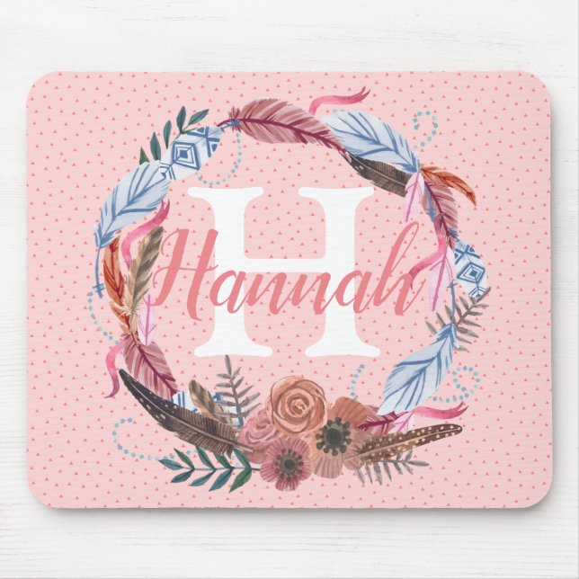 Boho Floral Personalize Custom Feather Initial Mouse Pad (Front)