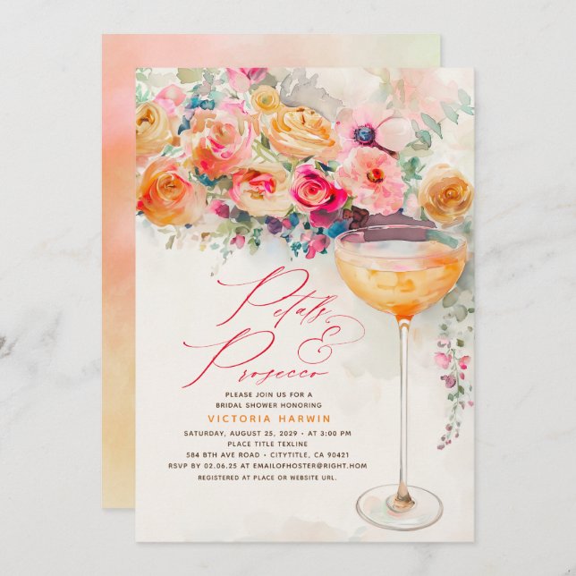 Boho Floral Petals and Prosecco Bridal Shower Invitation (Front/Back)