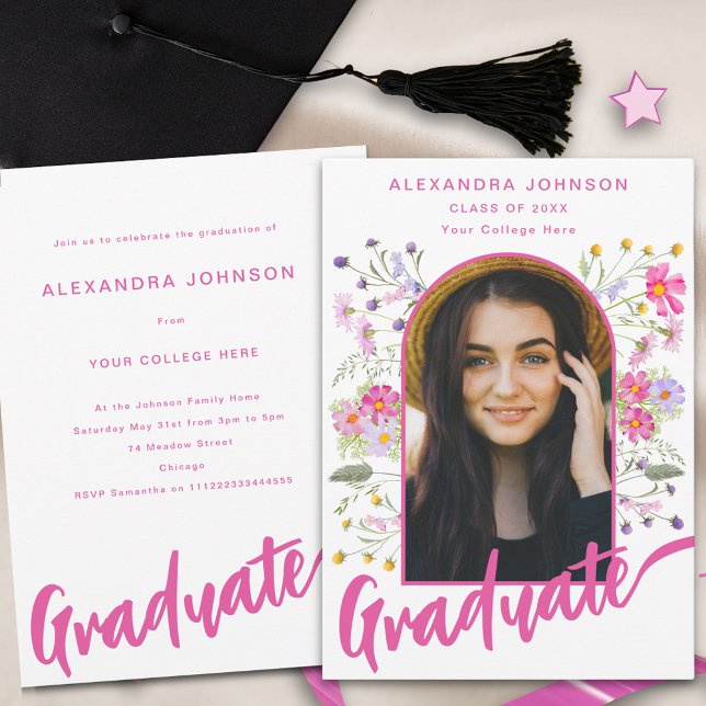 Boho Floral Photo Arch Pink Script Graduate Party Invitation (Boho chic wildflower graduate photo arch modern pink script graduation party invitation )