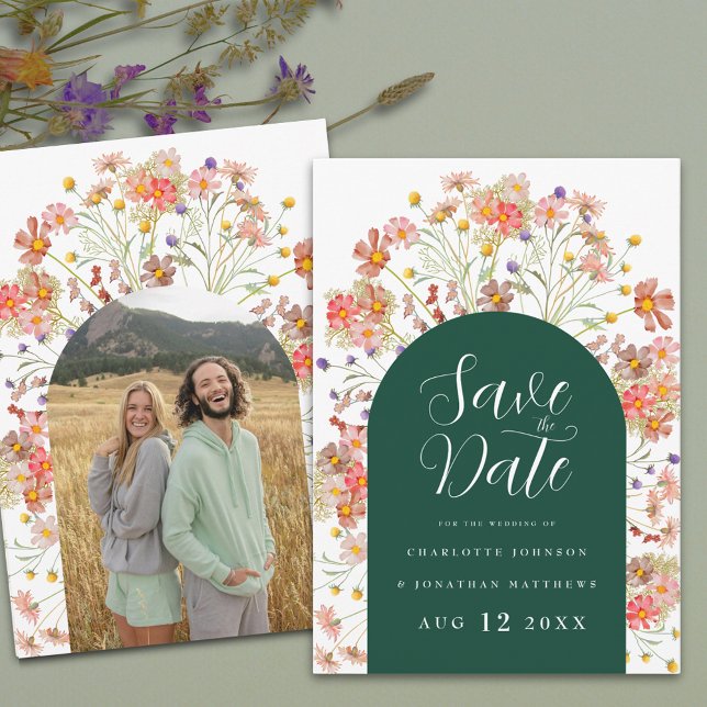 Boho Floral Photo Arch Wedding Save The Date (Boho rustic Wildflower floral arch photo dark green Wedding save the date invitation elegant script)