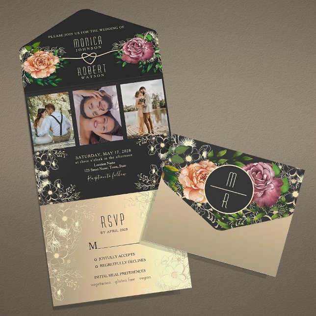 Boho Floral Photo Black Wedding All In One Invitation (Creator Uploaded)