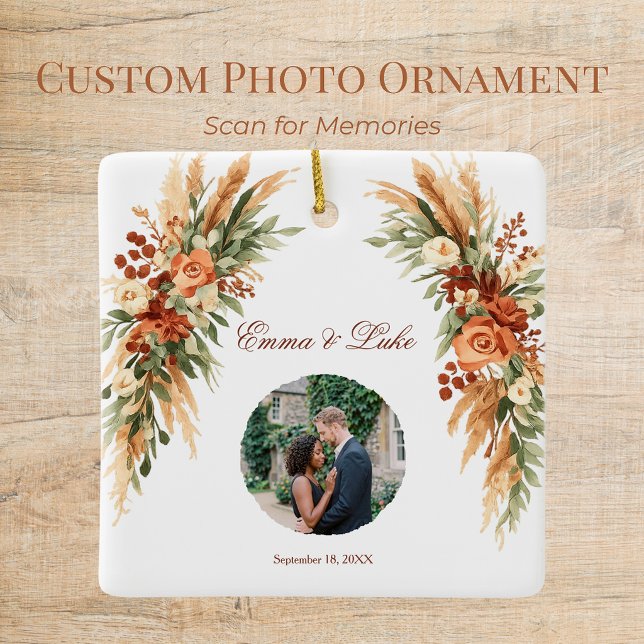 Boho Floral Photo QR Code Ornament | Personalised (Personalized photo ornament with boho florals, custom text, and scannable QR code keepsake.)