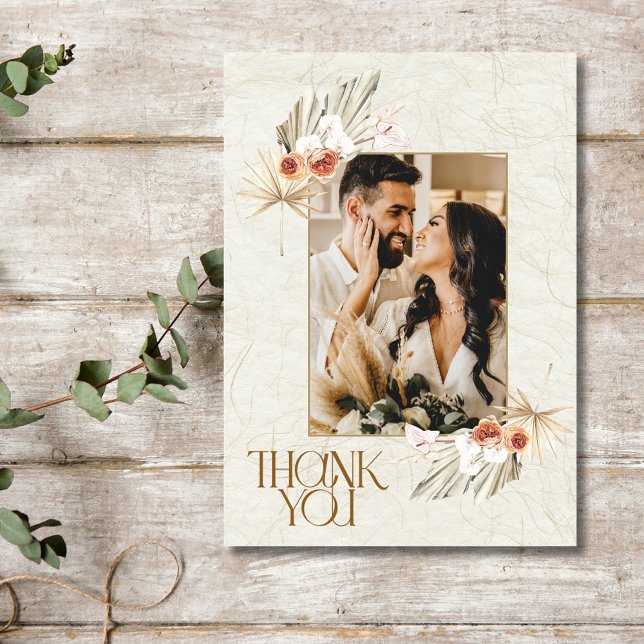 Boho Floral Photo Wedding Thank You Card (Boho Floral Photo Wedding Thank You Card)