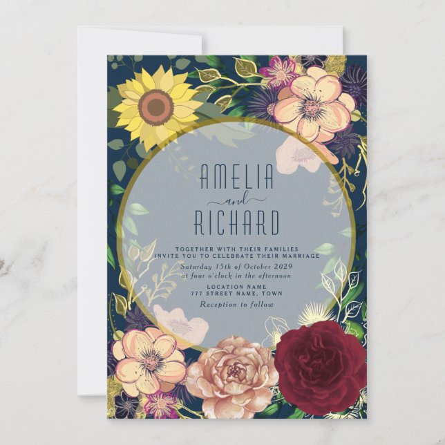 Boho Floral Pink and Navy Blue Wedding Invitation (Front)