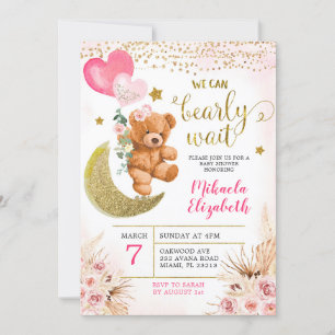Boho Floral Pink Bearly Wait Baby Shower Invite