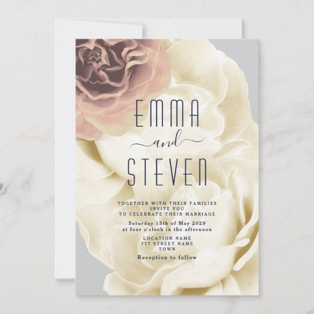 Boho Floral Pink & Blue Wedding Invitation (Front)