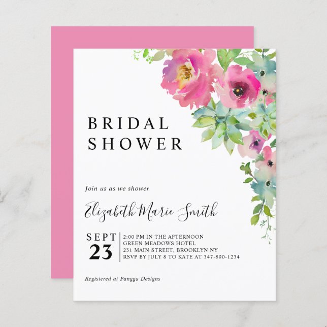 Boho Floral Pink Budget Bridal Shower Invitation (Front/Back)