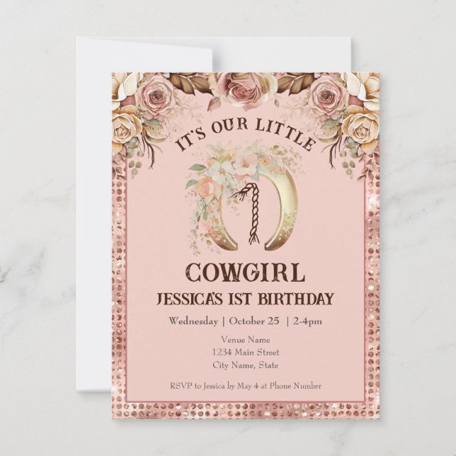 Boho Floral Pink Cowgirl 1st Birthday Invitation (Front)