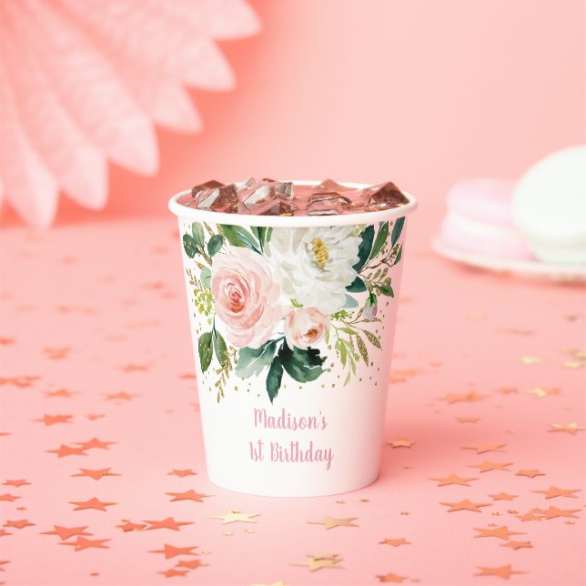 Boho Floral Pink Gold Birthday Paper Cups (Insitu)