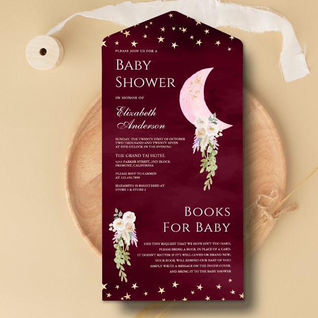 Boho Floral Pink Moon Burgundy Baby Shower All In One Invitation (Creator Uploaded)