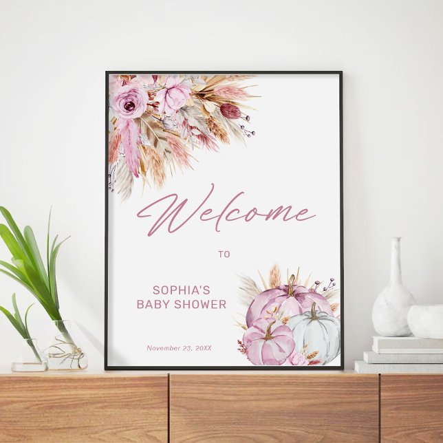 Boho Floral Pink Pumpkin Baby Shower Welcome Poster (Creator Uploaded)
