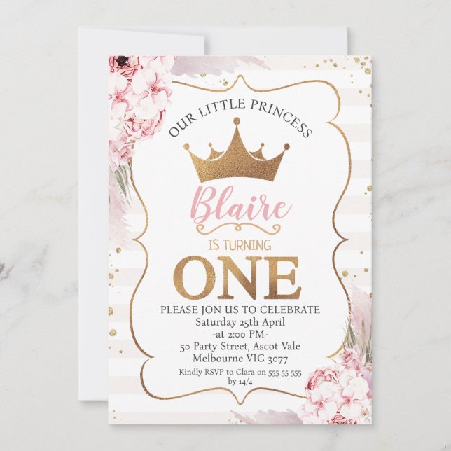 Boho Floral Princess Crown 1st Birthday Invitation (Front)