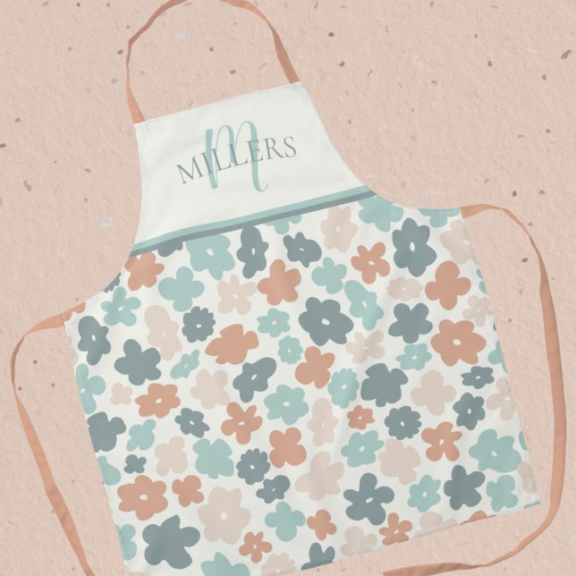 Boho Floral Print Monogram Family Name Apron (Creator Uploaded)
