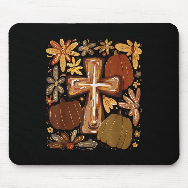 Boho Floral Pumpkin Cross Fall Jesus Christian Fai Mouse Pad (Front)