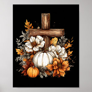 Boho Floral Pumpkin Cross Fall Jesus Christian Tha Poster