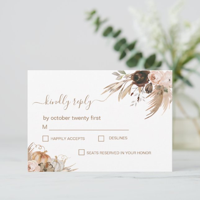 Boho Floral Pumpkin Fall in Love RSVP Card (Standing Front)