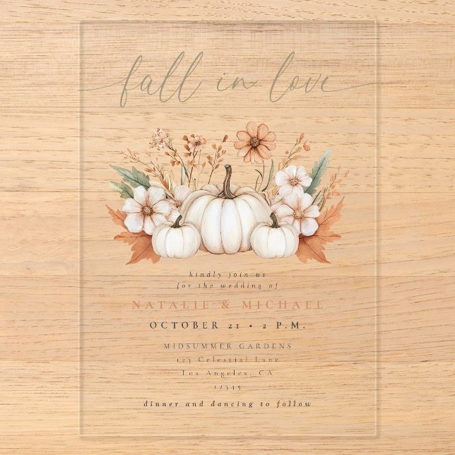 Boho Floral Pumpkin Fall Wedding Acrylic Invitations (Front)