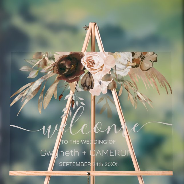 Boho Floral Pumpkin Wedding welcome acrylic sign (Neutral)