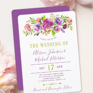 Boho floral purple green spring wedding invitation