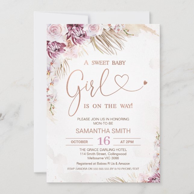 Boho Floral Purple Pink Baby Shower Invitation (Front)