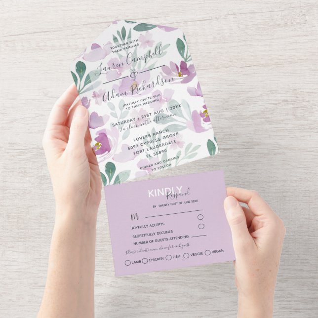 Boho Floral Purple Watercolor Wedding All In One Invitation (Tearaway)