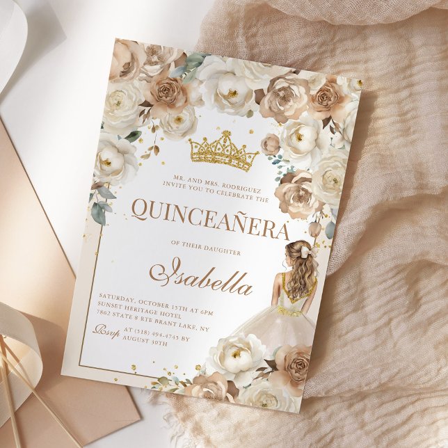 Boho Floral Quinceanera Champagne Mis Quince Anos Invitation (Creator Uploaded)