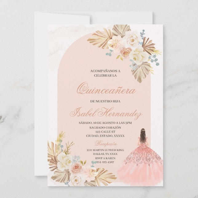 Boho Floral quinceañera Spanish Invitation (Front)