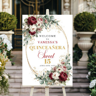 Boho Floral Quinceanera Welcome Sign Burgundy Gold