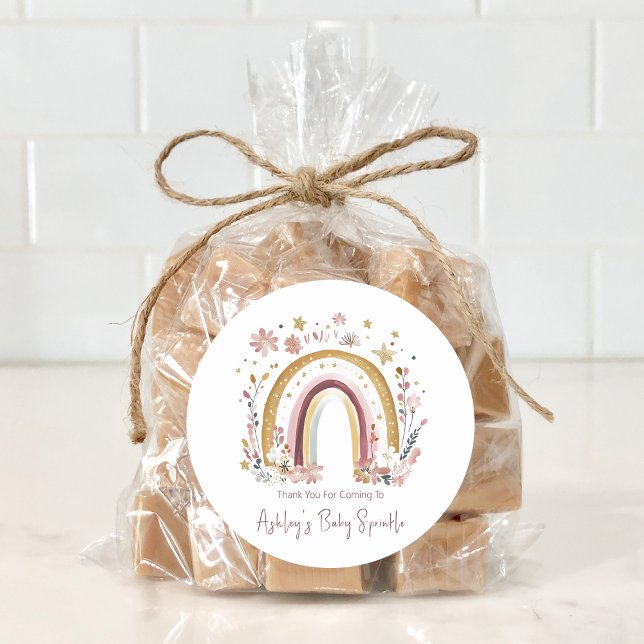 Boho Floral Rainbow Baby Sprinkle Thank You Classic Round Sticker (Creator Uploaded)
