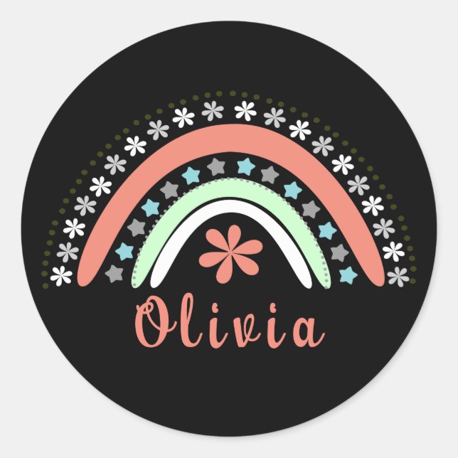 Boho Floral Rainbow With Personalised Name Classic Round Sticker (Front)