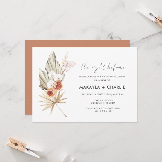 Boho Floral Rehearsal Dinner  Invitation (Front/Back In Situ)