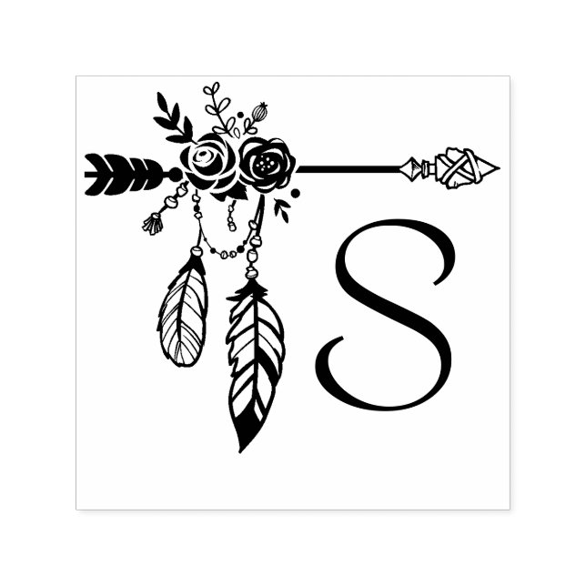 Boho Floral Rose Arrow Monogram Initial Self-inking Stamp (Design)