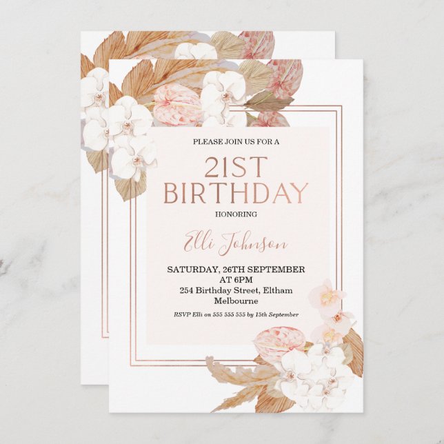Boho Floral Rose Gold 21st Birthday Invitation (Front/Back)