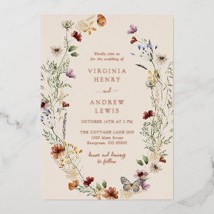 Boho Floral Rose Gold Wedding Foil Invitation