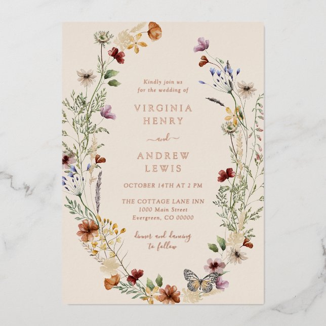 Boho Floral Rose Gold Wedding Foil Invitation (Front)