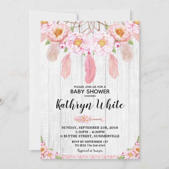 Boho Floral Rustic Baby Shower Invitation Girl (Front)
