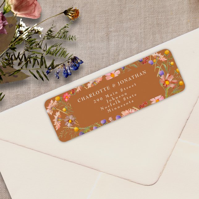 Boho Floral Rustic Terracotta Fall Wedding (Terracotta burnt orange Boho rustic floral fall wedding return address label watercolor wildflowers)