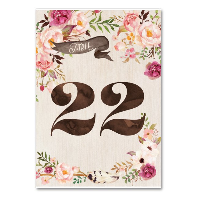 Boho Floral Rustic Wedding Table Number Card 22 (Front)