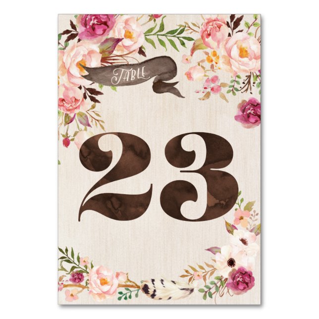 Boho Floral Rustic Wedding Table Number Card 23 (Front)