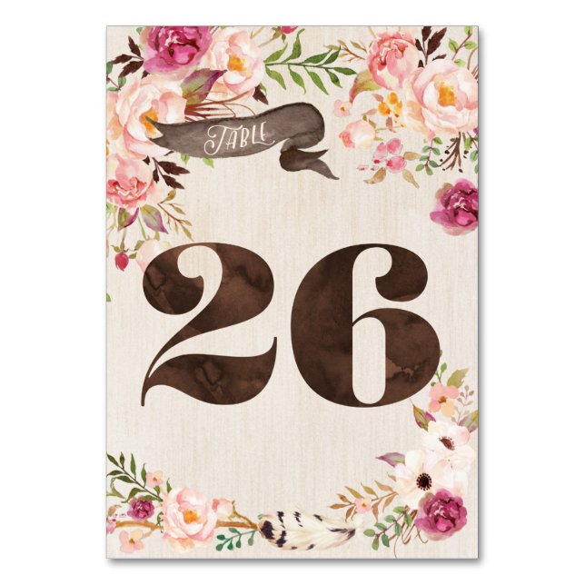 Boho Floral Rustic Wedding Table Number Card 26 (Front)