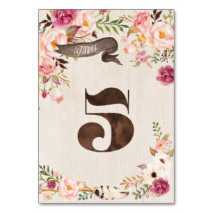 Boho Floral Rustic Wedding Table Number Card 5