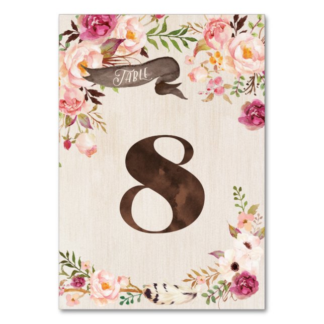 Boho Floral Rustic Wedding Table Number Card 8 (Front)